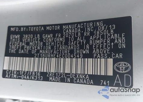 2014 Toyota Corolla Le z USA, uszkodzony, nr VIN 2T1BURHE4EC004549